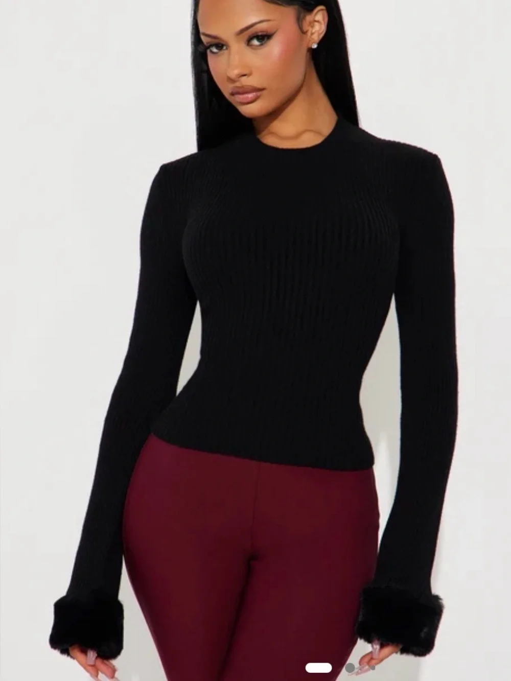 Fashion Nova Black Ribbed Sweater with Faux Fur Cuffs, Winter Chic